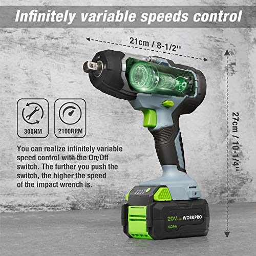 WORKPRO Llave de Impacto Inalámbrica 20V, 300NM Atornillador Impacto con Batería 4,0 Ah, Mandril de 13 mm(1/2"), Velocidad Variable hasta 3200rpm, Cargador Rápido, Luz LED