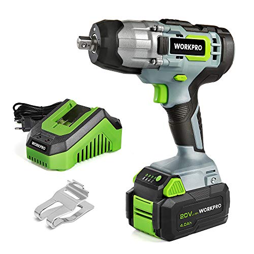 WORKPRO Llave de Impacto Inalámbrica 20V, 300NM Atornillador Impacto con Batería 4,0 Ah, Mandril de 13 mm(1/2"), Velocidad Variable hasta 3200rpm, Cargador Rápido, Luz LED