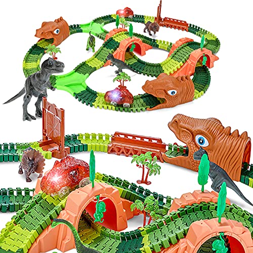 WOSTOO Pista de Coches con Dinosaurio Juguetes Juego con 2 LED Autos, Jurásico Mundo Juguetes Infantiles, Flexible Circuitos de Carreras de Juguete para Niños, Regalo Cumpleaños para Chico Niña