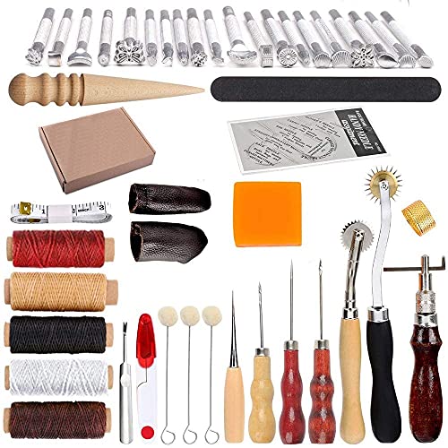 Wuudi Kit de herramientas de mano de piel, herramientas de costura, costura, punzón, tallado, sillín, accesorios de cuero, punzón, dedal, para coser cuero y lona.