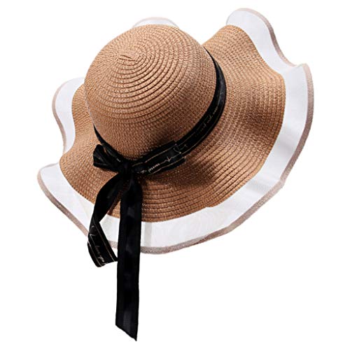 XuHang - Sombrero de malla para mujer, diseño de paja con visera de sol, diseño de lazo, elegante, ondulado, ala ancha, protector solar, para senderismo, al aire libre