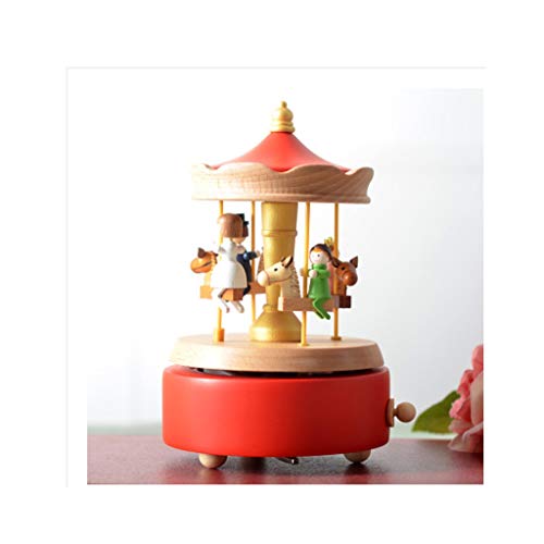 XYZMDJ La Caja de música del carrusel de Madera Merry-Go-Round Caballo Musical Box Girar a Caballo de Madera en Forma de artesanía (Color : Red)