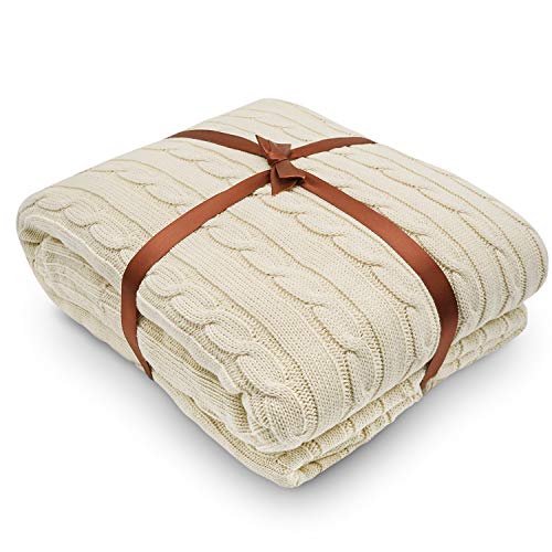 Yachee Manta de punto de algodón, funda de sofá de algodón peinado superior, tamaño grande (71 x 79 pulgadas), manta extra suave para cama, sofá (crema, 180 x 200 cm)
