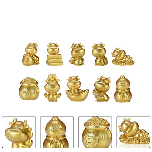Yardwe - Lote de 10 figuras de Feng Shui Golden Trésor, diseño de vaca chino con signo chino de zodiaco, carne de coche, cuadro de mando, animal, decoración 2021