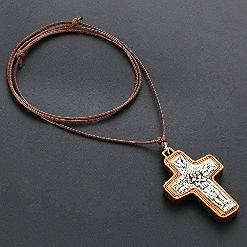 Yiffshunl Collar Retro Jesús Pastor Cruz Madera Colgante Collar Cadena de Cuerda Ajustable Collar para Hombres Joyería Religiosa Niñas Niños Collar