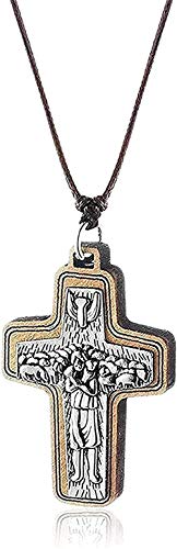 Yiffshunl Collar Retro Jesús Pastor Cruz Madera Colgante Collar Cadena de Cuerda Ajustable Collar para Hombres Joyería Religiosa Niñas Niños Collar
