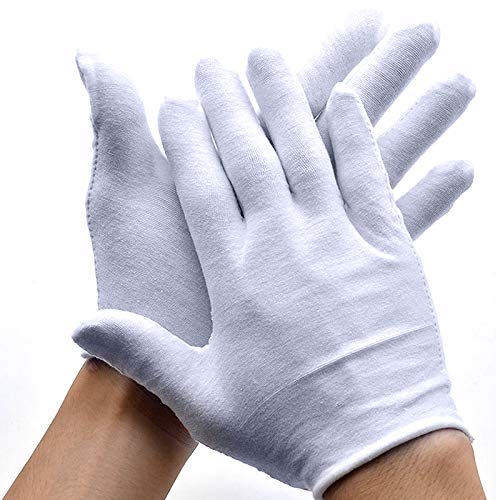 Yisscen Guantes de algodón blanco, guantes de algodón, guantes de trabajo, guantes de tela para el cuidado de la piel, trabajo diario, inspección de joyas y plata (12 pares)