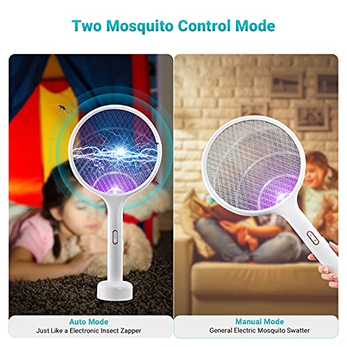 YISSVIC Raqueta Mosquitos Eléctrico 2 en 1 4000V Raqueta Matamoscas Eléctrica Base Recargable, 2 Interruptor con Modo Inteligente y Manual