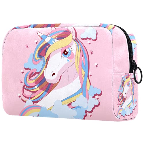 Yitian Bolsa cosmética rosa con diseño de unicornio y nubes de caballos para mujeres, adorables y espaciosas bolsas de maquillaje de viaje