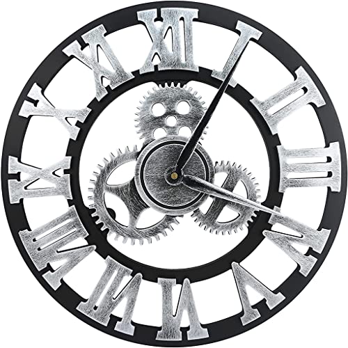 YQ&TL Reloj de Pared Grande y Silencioso Sin Tictac Números Romanos Plateados Reloj De Pared De Madera Relojes de Engranajes Industriales para Oficina Bar Cocina Estudio Tienda De Ropa 35CM