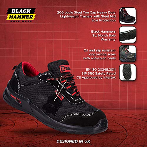 Zapatillas Deportivas de Seguridad para Hombres Puntera S1P SRC Calzado de Trabajo Botines para senderistas Protección Entresuela 4482 Black Hammer (42 EU)