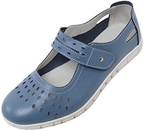 Zapatos/Sandalias de Absolute Footwear, informales, para verano o vacaciones, de horma ancha (EEE), para señoras, de cuero, color Azul, talla 40 EU