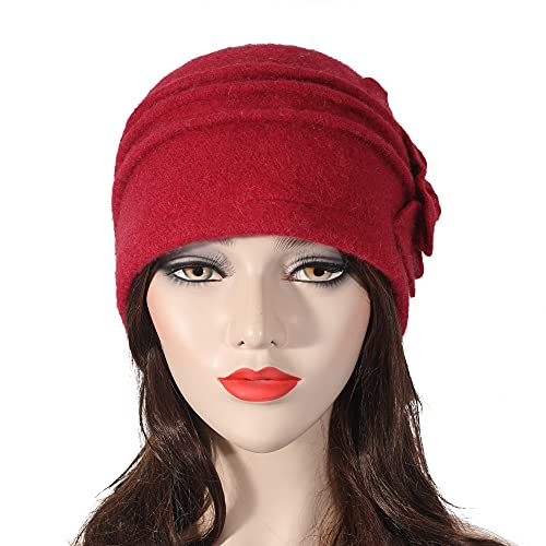 ZLYC Sombrero de lana para mujer de los años 20 Vintage vestido de invierno sombreros con flor, rojo (flower red), talla única-M