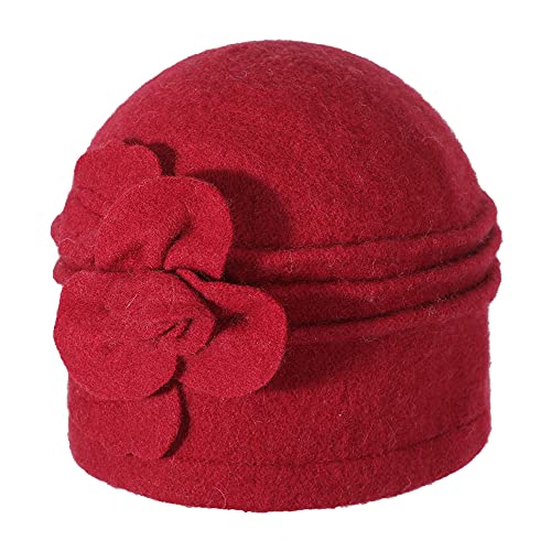 ZLYC Sombrero de lana para mujer de los años 20 Vintage vestido de invierno sombreros con flor, rojo (flower red), talla única-M