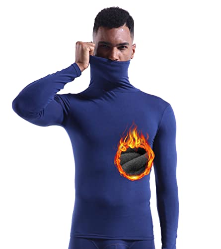 Zueauns Camisetas térmicas para Hombre Camisetas de Manga Larga Invierno Cuello Alto Cómodo Tops Ropa Interior Térmica para Trabajo Deporte (+Grueso/Azul, XL)