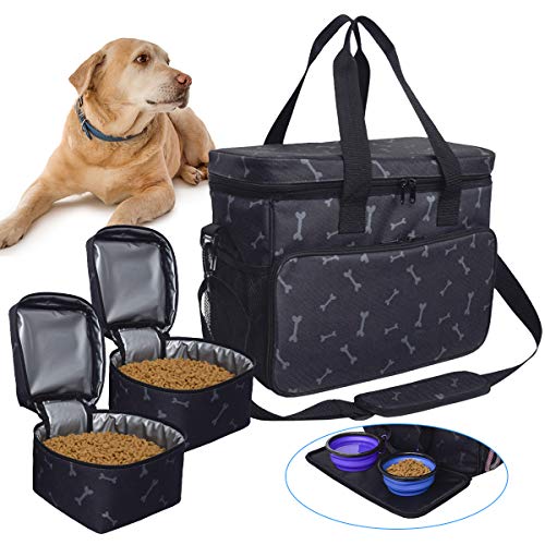 Zwini Bolsa de viaje para perros de almacenamiento lavable bolsa térmica con compartimentos, alimentador plegable y bebedor (negro)