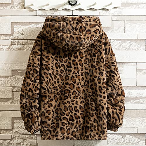 Zytyeu Abrigo con Estampado Leopardo Hombre Vellón Doble Cara Grueso Suelto Estudiantes Chaqueta con Capucha Hombre Otoño E Invierno Chaqueta Cómoda Hombre