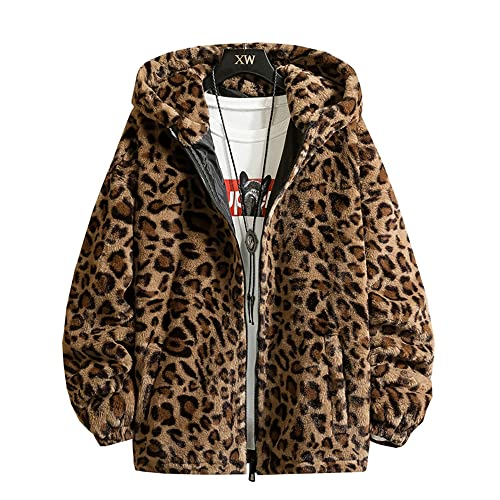 Zytyeu Abrigo con Estampado Leopardo Hombre Vellón Doble Cara Grueso Suelto Estudiantes Chaqueta con Capucha Hombre Otoño E Invierno Chaqueta Cómoda Hombre