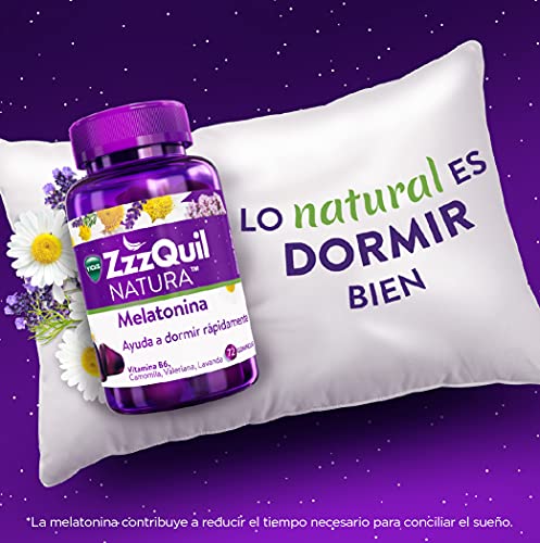 ZzzQuil Natura Complemento alimenticio para dormir, a base de melatonina para dormir y extractos de lavanda, valeriana y camomila, 72 gominolas