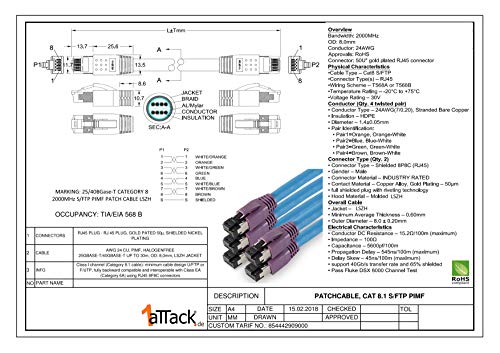 1aTTack.de 0.25m Cat.8 Cable de Red CAT8 Cable Cat 8 2000 MHz 40 Gbit s 40GBase-T High End PoE + Cable de conexión Ethernet Cable AWG24 Cobre LSZH Azul - 1 Pieza 0.25m
