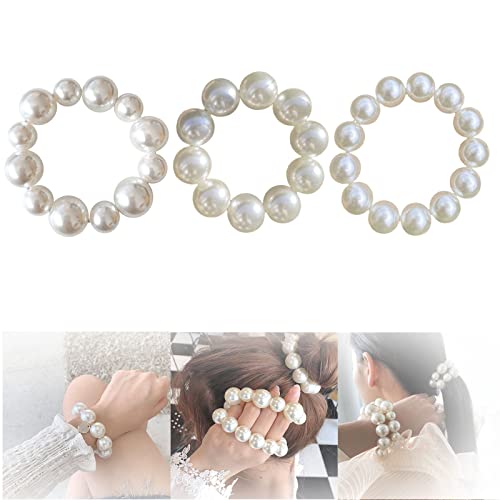 3 Pcs Diadema con Perlas, Anillo de pelo con perlas soporte de cola de caballo con perlas elásticas para niñas, mujeres, cabello grueso / fino, boda, buen regalo