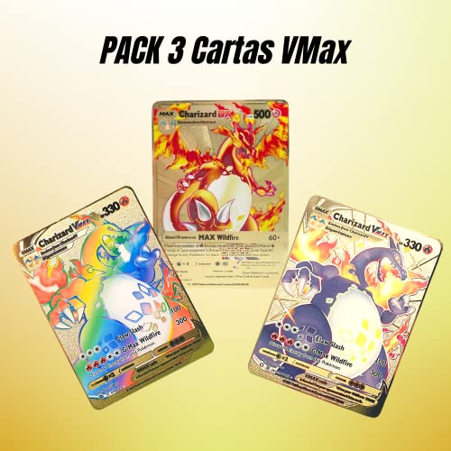 3 X Cartas Pokémon Doradas VMAX - Edición Coleccionista Tarjetas Oro de Metal - Metal Golden Card