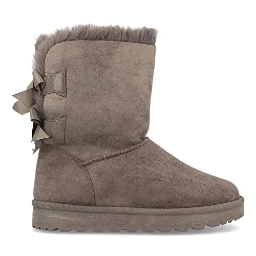 52889-Botin Plano para Mujer, Estilo Australiano, Forrado de Pelo, de Punta Redonda y con Lazos en el Contrafuerte como Detalle, Otono Invierno 2020. Talla 38 Gris