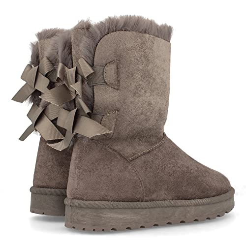 52889-Botin Plano para Mujer, Estilo Australiano, Forrado de Pelo, de Punta Redonda y con Lazos en el Contrafuerte como Detalle, Otono Invierno 2020. Talla 38 Gris