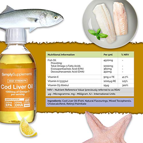 Aceite de hígado de bacalao líquido - Sabor natural a limón - Bote 300ml = 60 raciones - Alto en DHA y EPA - SimplySupplements