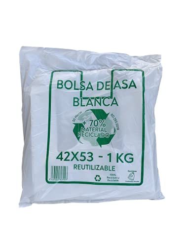 ACESA - Bolsas de Plástico Con Asas Tipo Camiseta Resistentes, Reutilizables y 100% Bolsa Reciclable,70% Recicladas, paquete de 1Kg (BLANCO)