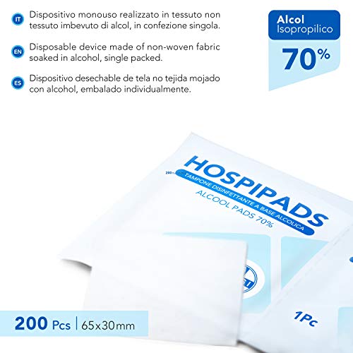 AIESI® Toallitas desinfectantes a base de alcohol isopropílico al 70% dimensiones 65x30 mm empaquetado individualmente (Paquete de 200 piezas) HOSPIPADS