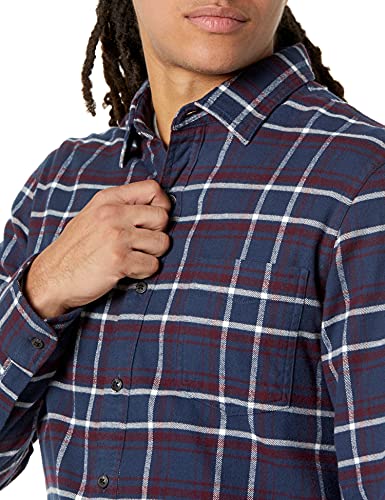 Amazon Essentials - Camisa de franela a cuadros, manga larga, ajustada, para hombre, Azul (Navy/Burgundy Plaid), US L (EU L)