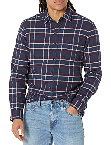 Amazon Essentials - Camisa de franela a cuadros, manga larga, ajustada, para hombre, Azul (Navy/Burgundy Plaid), US L (EU L)