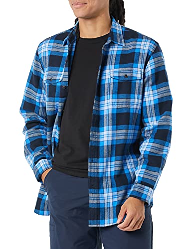 Amazon Essentials Regular-fit Long-Sleeve Solid Flannel Shirt Camisa, Azul Marino/Azul, Tartán/Cuadros Escoceses, L