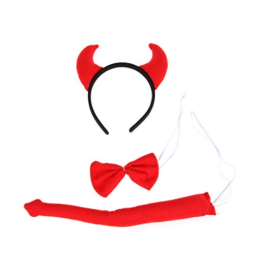 Amosfun Disfraz de cuernos de diablo rojo, cola, pajarita, disfraz creativo para Halloween, fiestas de Halloween, accesorios para el pelo, corbata, máscaras, accesorios para fiestas