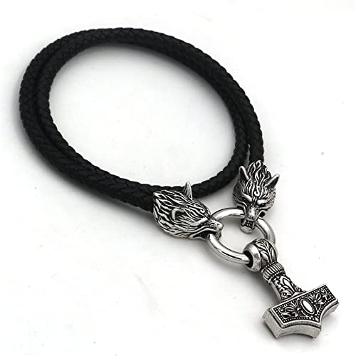 AMOZ Collar de Hammer de Thors, Cabeza de Loboa Raven Runea Amuleto Colgante/70Cm