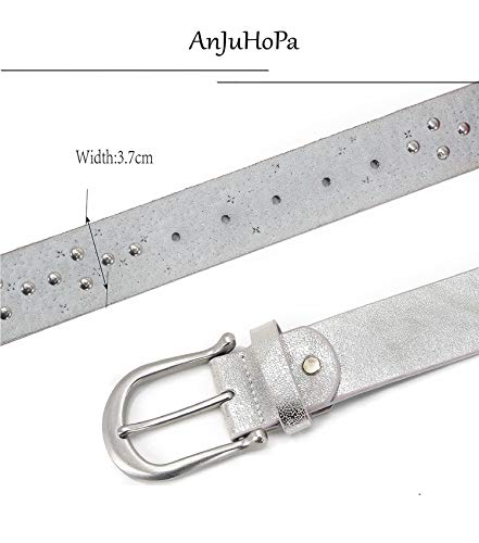 AnJuHoPa Vintage Style Belt Fashionable Sporty Women Girl Leather belt Rhinestone rivets or Crystal Design Silver2.0-100cm