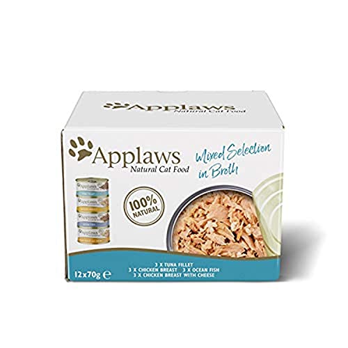 Applaws 100% Natural Wet Cat Food, Paquete múltiple de Pescado y Pollo, selección Mixta en Caldo, Lata de 70 g (Paquete de 12)