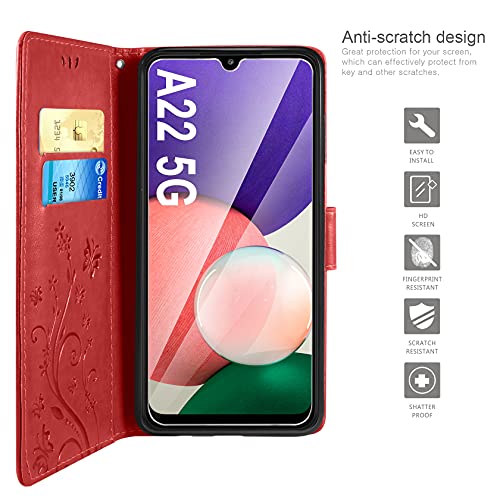AROYI Funda Compatible con Samsung Galaxy A22 5G y Protector de Pantalla, Relieve Dibujo Carcasa de Tipo Libro Soporte Plegable Ranuras para Tarjetas Magnético Ultra Delgado Carcasa Case, Rojo