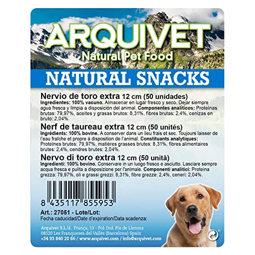Arquivet Nervio de Toro - Snacks naturales para perros - Golosinas perro - Chuches perro - Premios perro - Nervio de toro en barra - 12 cm extra de gran calidad (Bolsa 50 uds.)