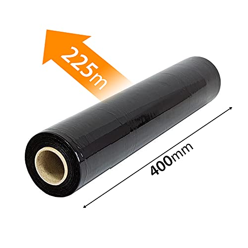 ARVO Película elástica retráctil de 400 mm x 225 m, color negro, rollo de palé, envoltura elástica, paquete de embalaje de película adhesiva (1 rollo)
