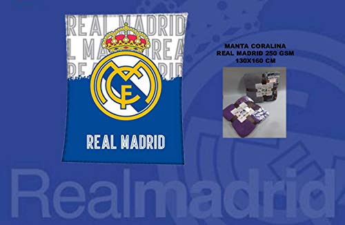 Asditex MantaCoralina Real Madrid 130x160 - Manta de Viaje - Estampado con el Escudo del Madrid