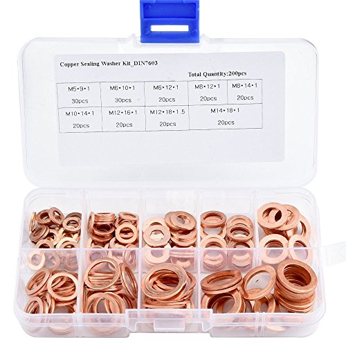ASIV 200 piezas Arandelas planas de cobre Arandelas de anillo sellado Conjunto de surtido en una caja de almacenamiento 9 tamaños (M5-M14)