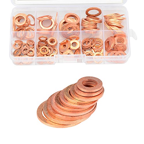ASIV 200 piezas Arandelas planas de cobre Arandelas de anillo sellado Conjunto de surtido en una caja de almacenamiento 9 tamaños (M5-M14)