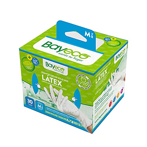 Bayeco - Guantes de un solo uso de Látex - Color Blanco - Ambidiestros - Aptos para el contacto con alimentos - Máxima sensibilidad - Pack dispensador de 30 unidades - Talla M