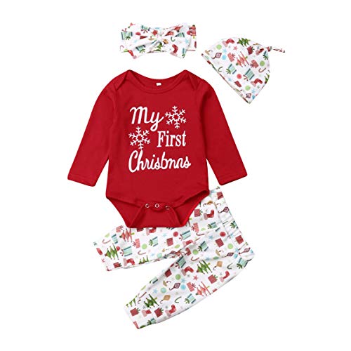 Bebé Conjunto de Navidad para Recién Nacido Traje Navideño con Top Mameluco de Manga Larga + Pantalones Largos para Niños Niñas Pequeños Ropa Pijama de Hogar (Rojo 2, 12-18 Meses)