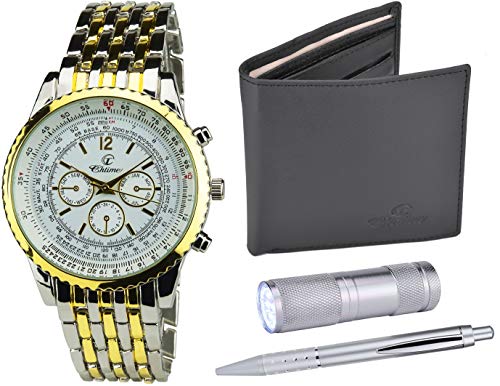 Bellos - Caja de regalo con reloj de pulsera para hombre color dorado, navaja suiza con linterna, cartera y bolígrafo