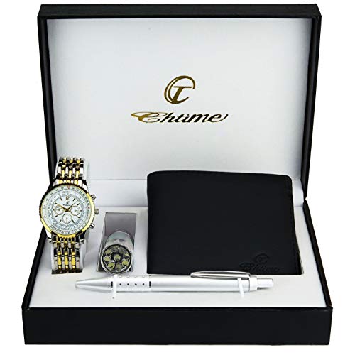 Bellos - Caja de regalo con reloj de pulsera para hombre color dorado, navaja suiza con linterna, cartera y bolígrafo