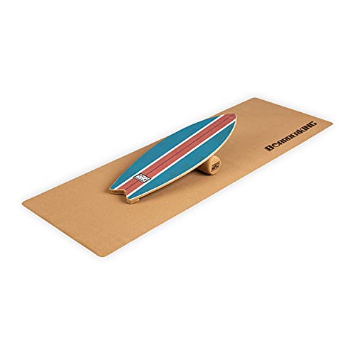 BoarderKING Indoorboard Wave - Tabla de equilibrio, Forma tabla de surf, Madera arce, Recubierto plástico, Esterilla y rodillos de corcho, Topes desmontables, Dimensiones 32 x 5 x 88 cm, Azul