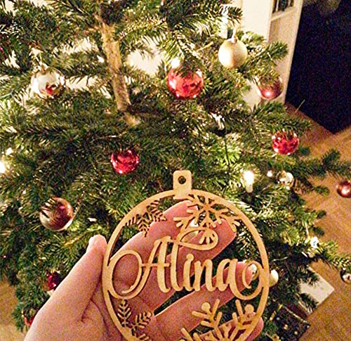 Bola navidad con nombre personalizada para arbol - Decoración navideña - Esfera grabada en madera de máxima calidad con cuerda incluida (Copito) PRECIO UNITARIO